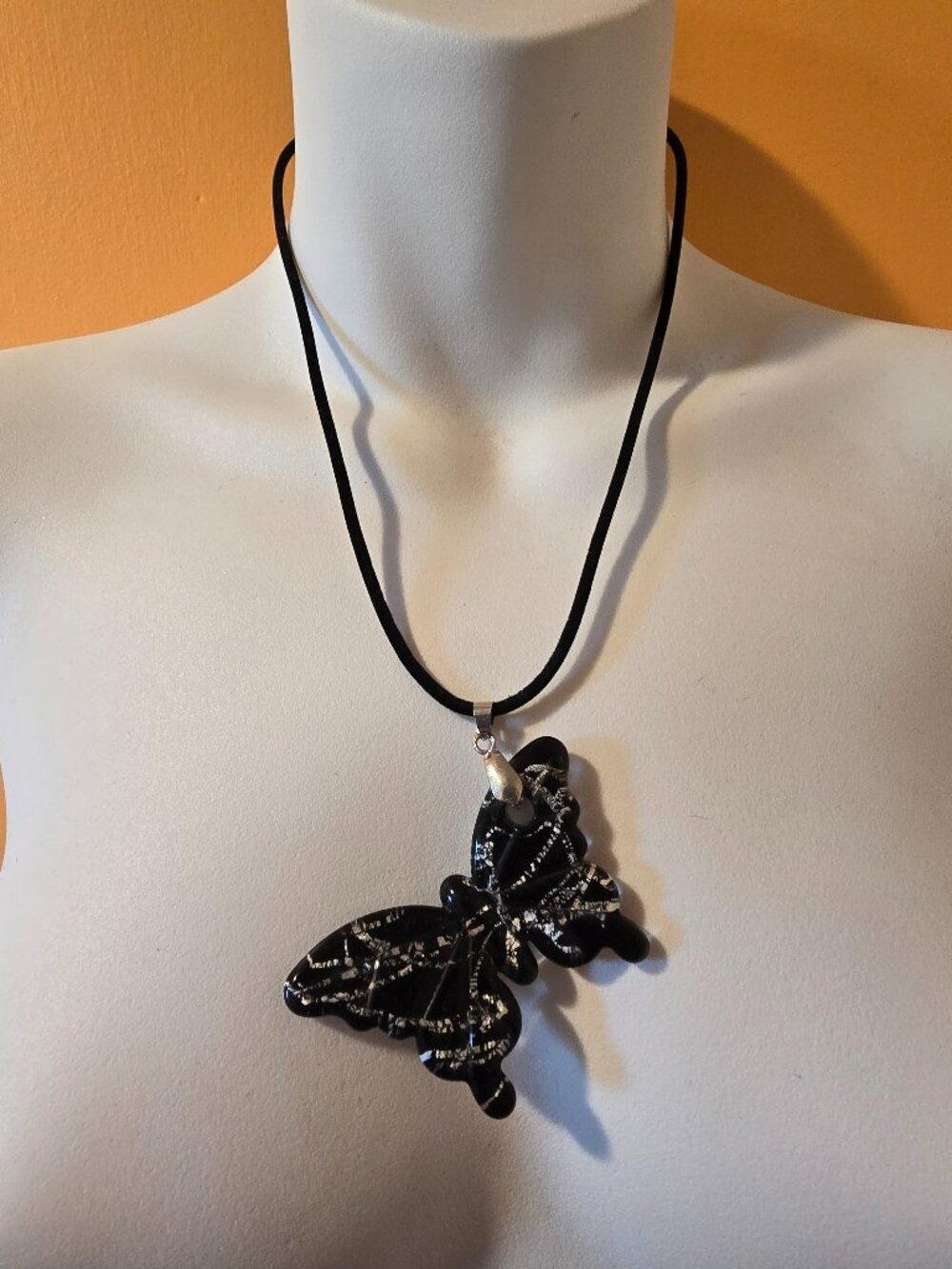 Black and Silver Butterfly Necklace 22 inches with adjustable chain